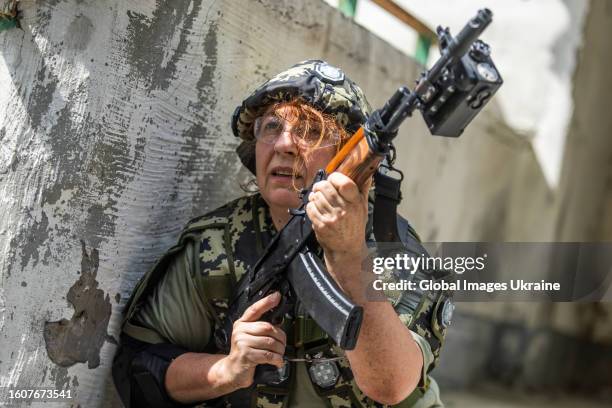 Participant of civilian National Resistance during training on August 11, 2023 in Kyiv, Ukraine. Participants gained skills in the basics of mine and...