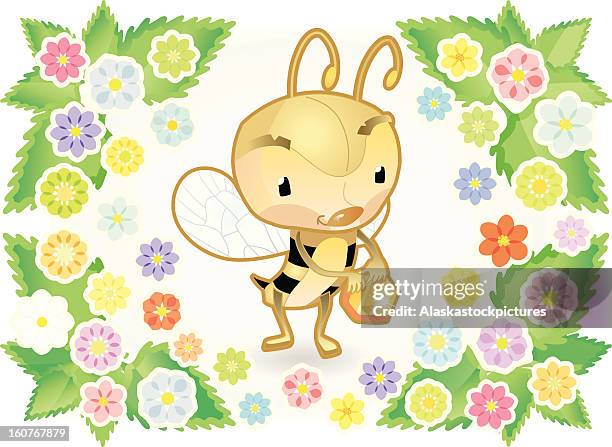 cute bee with honeycomb, flowers and leafs around. - bees pollinating stock illustrations