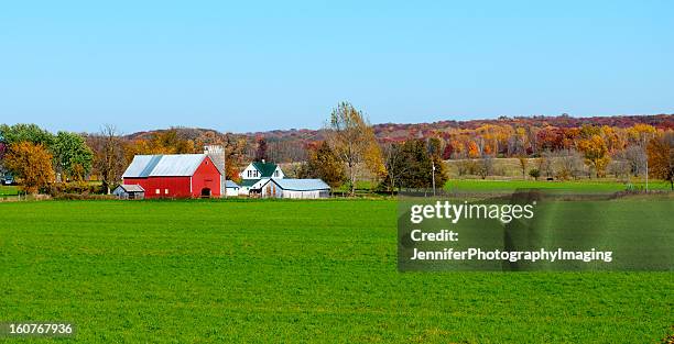 landscape view of red midwestern dairy farmhouse and land - wisconsin bildbanksfoton och bilder