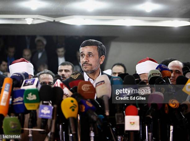 Iranian President Mahmoud Ahmadinejad speaks to the media during a press conference at the Al Ahzar headquarters on February 5 in Cairo, Egypt....