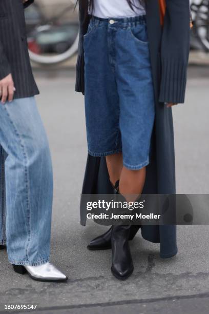 Sonja Leigh seen wearing grey striped blazer jacket, light blue denim pants and Copenhagen Studios CPH246 Vitello Silver leather boots; Amaka...