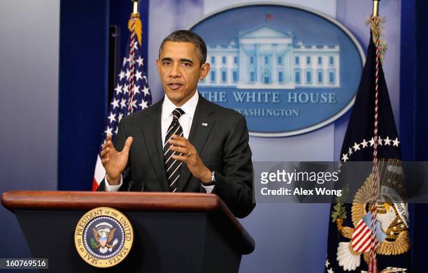 President Barack Obama makes a statement during a press conference at the Brady Press Briefing Room of the White House February 5, 2013 in...