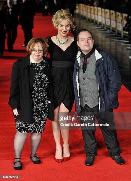 Lydia Bright with Kate Brackley and Simon Macgregor from the 'Undateables' at the UK Premiere of "Run For Your Wife" at Odeon Leicester Square on...