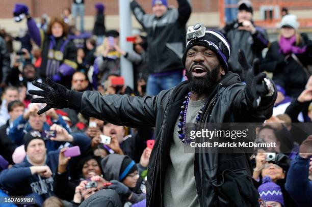 Ed Reed of the Baltimore Ravens celebrates with his teammates as they celebrate during their Super Bowl XLVII victory parade on February 5, 2013 in...