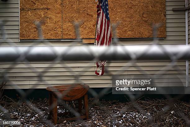 Flood damaged home is viewed in Oakwood Beach in Staten Island on February 5, 2013 in New York City. In a program proposed by New York Governor...
