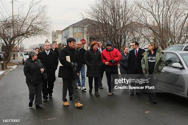 Staten Island residents and members of an Oakwood Beach homeowners association speak with City Council Speaker Christine Quinn in their heavily flood...