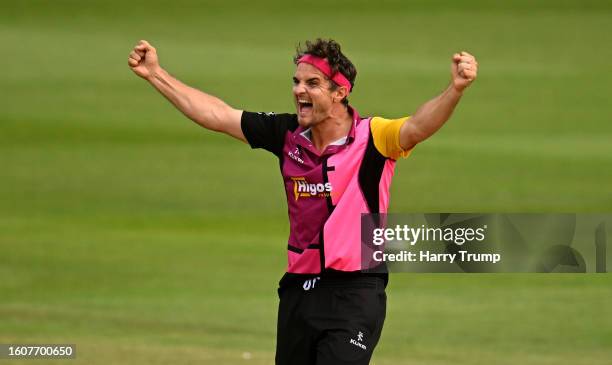 Jack Brooks of Somerset celebrates the wicket of Tom Clark of Sussex during the Metro Bank One Day Cup match between Somerset and Sussex at The...