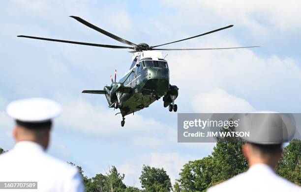 Marine helicopter with Japanese Prime Minister Fumio Kishida onboard lands at Camp David in Maryland on August 18, 2023. President Yoon will attend a...
