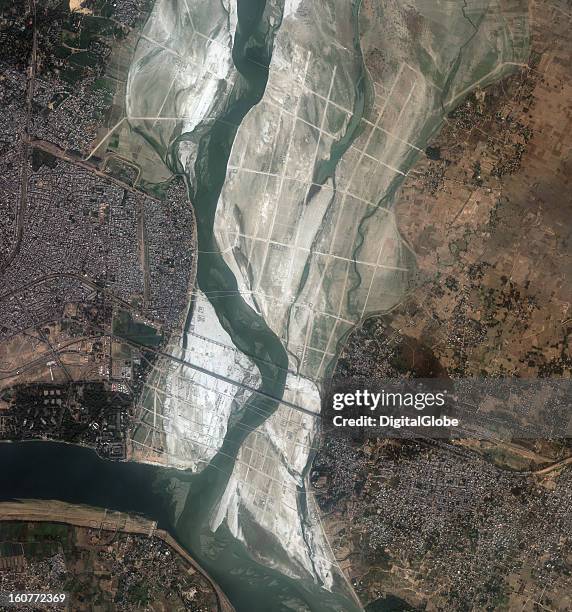 This is a satellite image just before the start of the Hindu pilgrimage in Kumbh Mela, along the banks of the Sangam River in Allahabad, India.