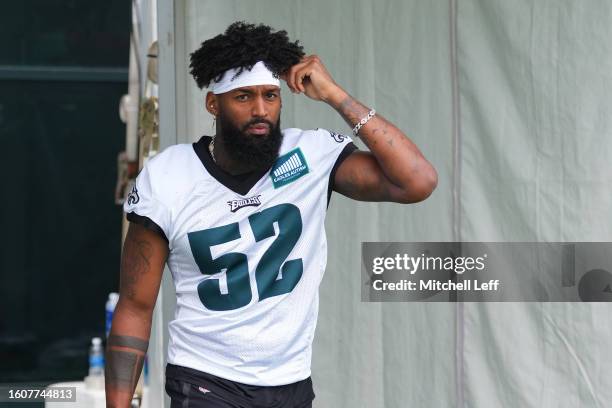 Zach Cunningham of the Philadelphia Eagles walks onto the field during Training Camp at the NovaCare Complex on August 10, 2023 in Philadelphia,...