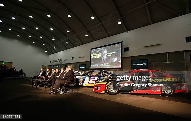 Breakfast roundtable discussion takes place in front of the 5-hour Energy Toyota driven by Clint Bowyer on February 5, 2013 at the College for...