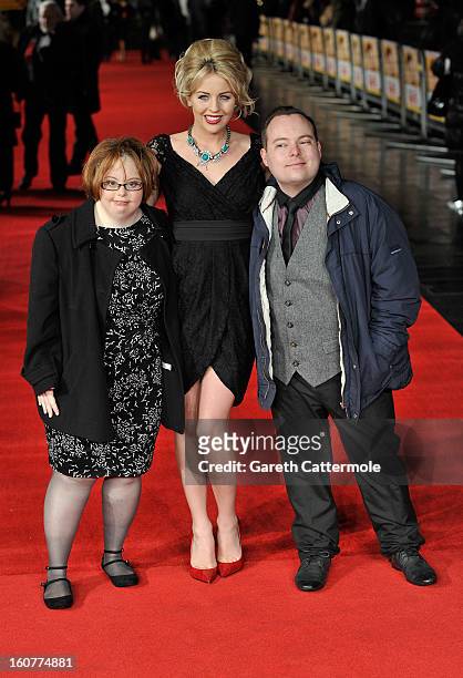 Lydia Bright with Kate Brackley and Simon Macgregor from the 'Undateables' at the UK Premiere of "Run For Your Wife" at Odeon Leicester Square on...