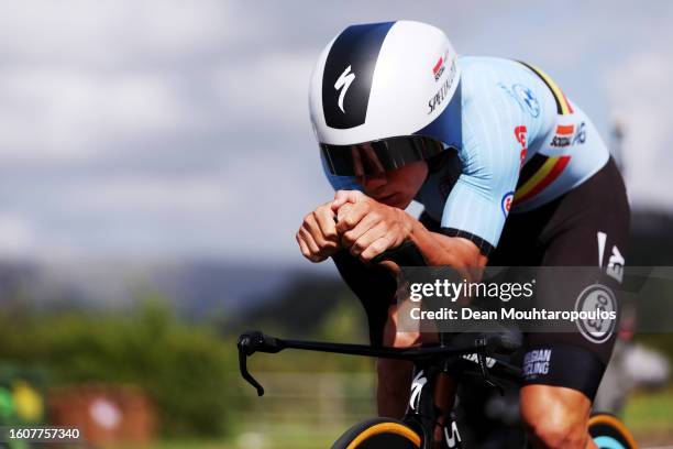 Remco Evenepoel of Belgium sprints during the Men Elite Individual Time Trial a 47.8km race from Stirling to Stirling at the 96th UCI Cycling World...