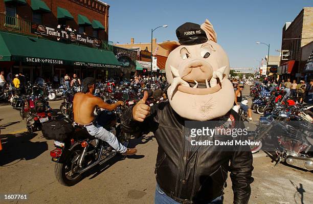 Gary Taylor, of Yorba Linda, California, wears a hog costume to promote his company, "Hoghead," which makes pipes for "hog" motorcycles, at the 61st...