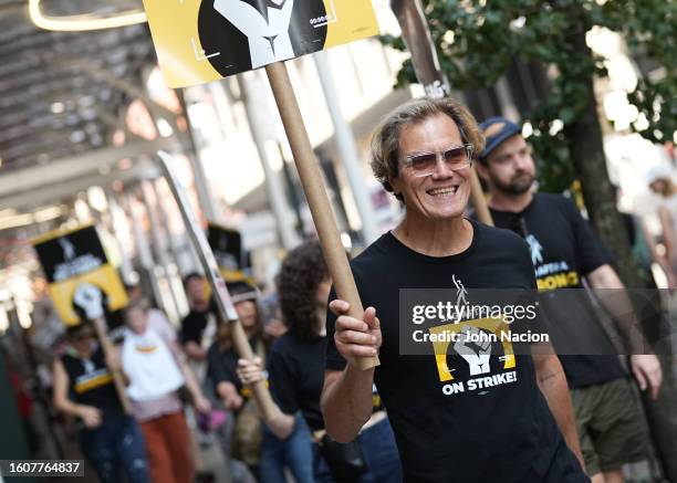 Michael Shannon joins SAG-AFTRA members as they maintain picket lines across New York City on August 11, 2023 in New York City. Members of SAG-AFTRA...