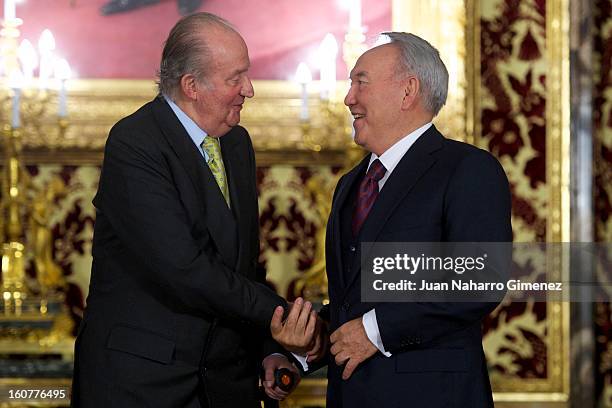 King Juan Carlos of Spain meets with President of the Republic of Kazajistan Nursultan Nazarbayev at Real Palace on February 5, 2013 in Madrid, Spain.