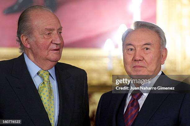 King Juan Carlos of Spain meets with President of the Republic of Kazajistan Nursultan Nazarbayev at Real Palace on February 5, 2013 in Madrid, Spain.