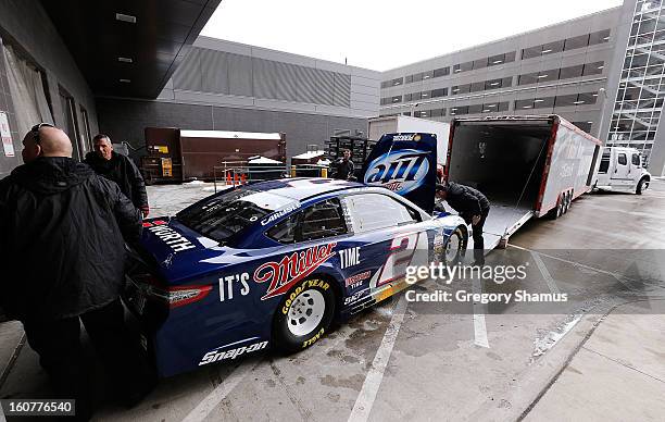 The Miller Light Ford driven by Brad Keselowski is loaded into the Road to Daytona Fueled By Sunoco Tour hauler after a breakfast roundtable...