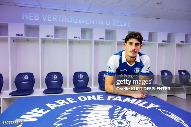 Gent's new player Omri Gandelman poses after signing a contract with Belgian soccer team KAA Gent, Friday 18 August 2023 in Gent. BELGA PHOTO KURT...