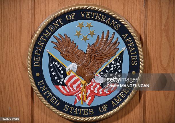 The seal of the Department of Veterans Affairs is seen in an auditorium on February 5, 2013 at the Department of Veterans Affairs in Washington. AFP...