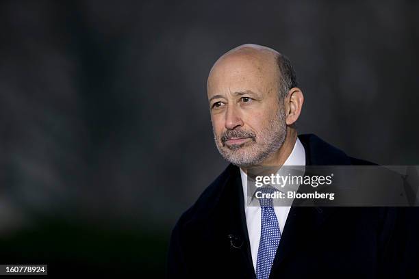 Lloyd Blankfein, chairman and chief executive officer of Goldman Sachs Group Inc., pauses during a television interview following a meeting with U.S....