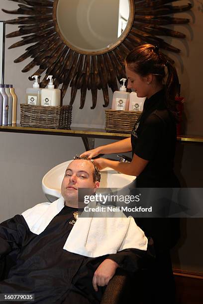 Simon Macgregor receives a makeover at Nicky Clarke Hair Salon on February 5, 2013 in London, England.