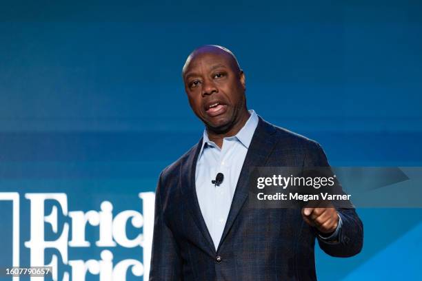 Republican presidential candidate Senator Tim Scott speaks at an event hosted by Conservative radio host Erick Erickson on August 18, 2023 in...