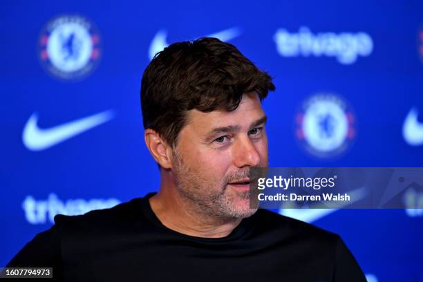 Head Coach Mauricio Pochettino of Chelsea during a press conference at Chelsea Training Ground on August 18, 2023 in Cobham, England.