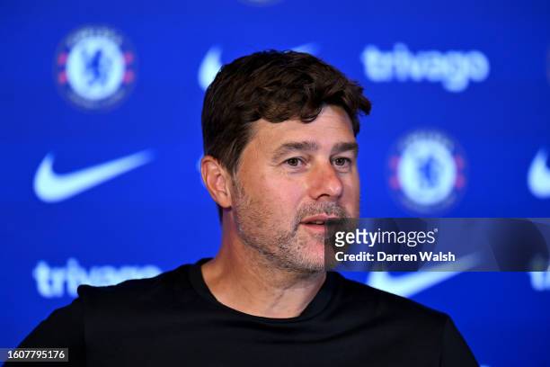Head Coach Mauricio Pochettino of Chelsea during a press conference at Chelsea Training Ground on August 18, 2023 in Cobham, England.