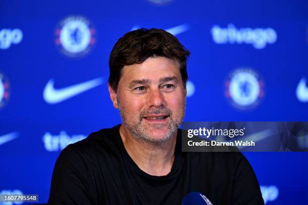 Head Coach Mauricio Pochettino of Chelsea during a press conference at Chelsea Training Ground on August 18, 2023 in Cobham, England.