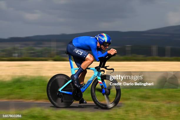 Filippo Ganna of Italy sprints during the Men Elite Individual Time Trial a 47.8km race from Stirling to Stirling at the 96th UCI Cycling World...