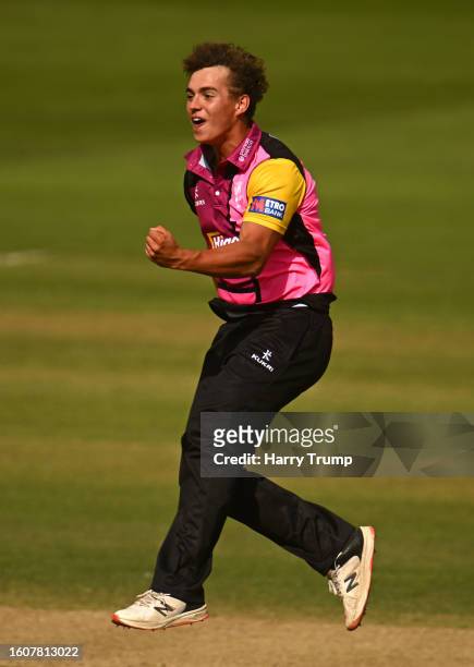 Josh Thomas of Somerset celebrates the wicket of James Coles of Sussex during the Metro Bank One Day Cup match between Somerset and Sussex at The...