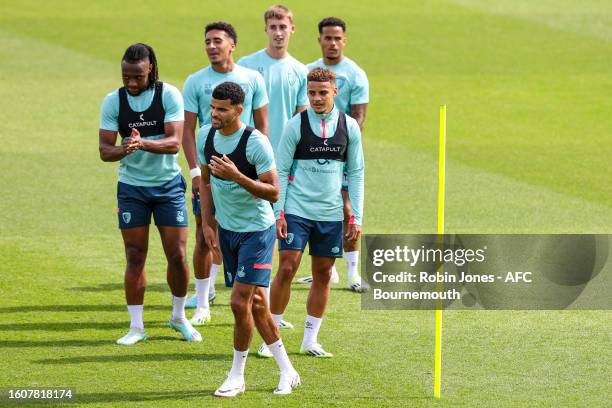 New signing Max Aarons with team-mates Antoine Semenyo, James Hill, Owen Bevan, Justin Kluivert and Dominic Solanke of Bournemouth during a training...