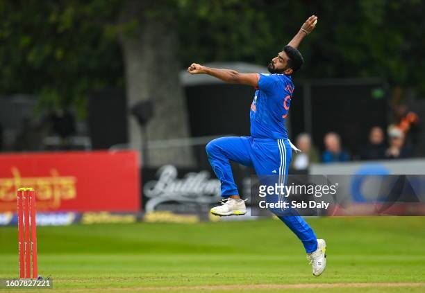 Dublin , Ireland - 18 August 2023; India bowler Jasprit Bumrah during match one of the Men's T20 International series between Ireland and India at...