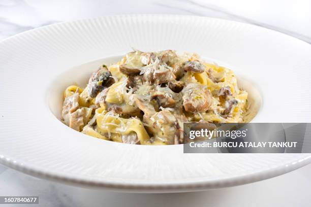 creamy mushroom linguine - sauce à base de crème photos et images de collection