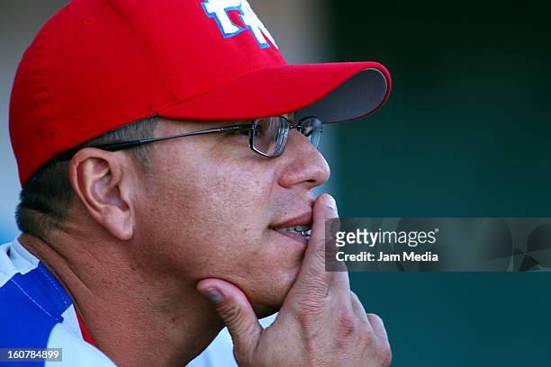 Pedro Lopez manager of Puerto Rico looks on during a match between Puerto Rico and Venezuela as part of the Caribbean Series 2013 at Sonora Stadium...
