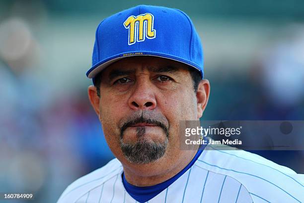 Luis Sojo manager of Venezuela looks on during a match between Puerto Rico and Venezuela as part of the Caribbean Series 2013 at Sonora Stadium on...