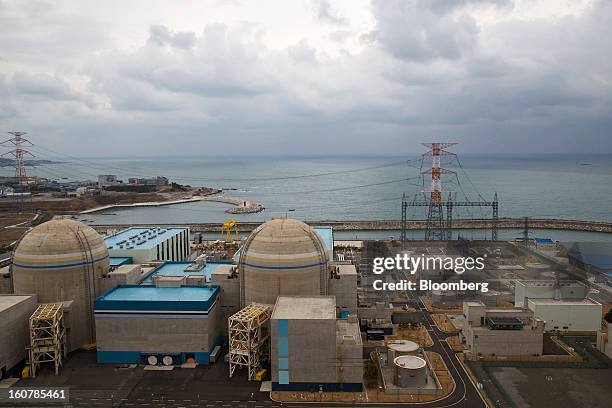 The No. 1, right, and No. 2 reactor buildings stand at Korea Hydro & Nuclear Power Co.'s Shin-Kori nuclear power plant in Ulsan, South Korea, on...