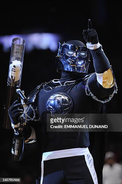 The Brooklyn Nets mascot the Brooklyn Knight performs during a a game between the Nets and the Los Angeles Lakers at the Barclays Center in the...