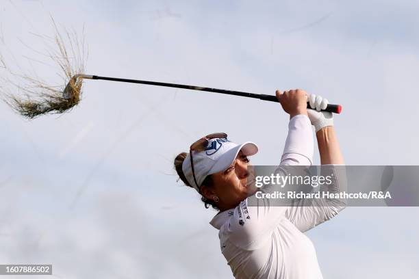 Gaby Lopez of Mexico plays her second shot on the 18th hole on Day Two of the AIG Women's Open at Walton Heath Golf Club on August 11, 2023 in...