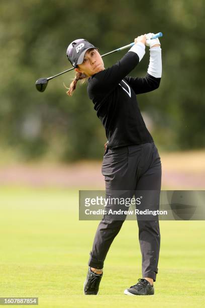 Danielle Kang of the United States plays her second shot on the 13th hole on Day Two of the AIG Women's Open at Walton Heath Golf Club on August 11,...