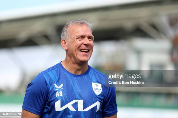 Surrey Director of Cricket Alec Stewart looks on ahead of the Metro Bank One Day Cup match between Surrey and Kent Spitfires at The Kia Oval on...