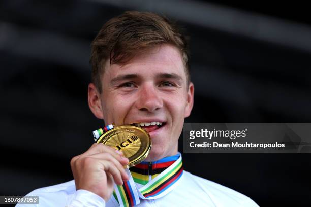 Gold medalist Remco Evenepoel of Belgium celebrates winning during the medal ceremony after the Men Elite Individual Time Trial a 47.8km race from...