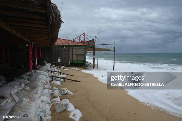 General view of the Medano beach before the arrival of hurricane Hilary at Los Cabos resort in Baja California state, Mexico on August 18, 2023....
