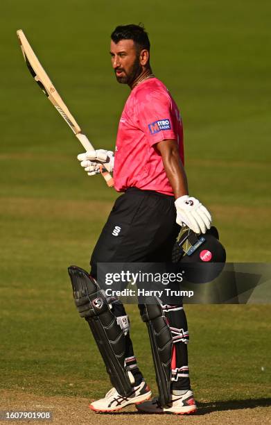 Cheteshwar Pujara of Sussex celebrates their century during the Metro Bank One Day Cup match between Somerset and Sussex at The Cooper Associates...