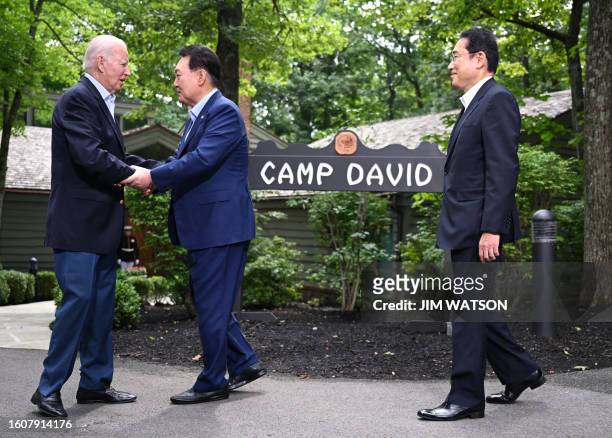 President Joe Biden welcomes South Korean President Yoon Suk Yeol and Japanese Prime Minister Fumio Kishida to Camp David, Maryland, for a Trilateral...