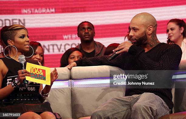 Joe Budden visits BET's "106 & Park" with host Ms. Mykie at BET Studios on February 5, 2013 in New York City.