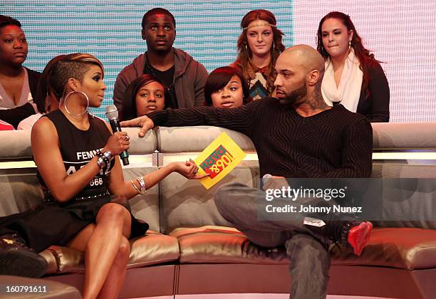 Joe Budden visits BET's "106 & Park" with host Ms. Mykie at BET Studios on February 5, 2013 in New York City.