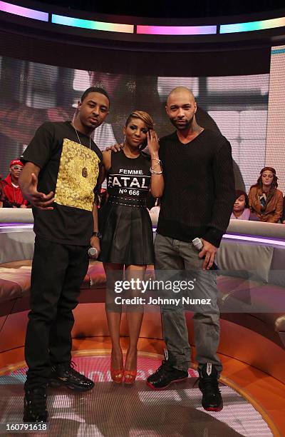 Joe Budden visits BET's "106 & Park" with hosts Shorty Da Prince and Ms. Mykie at BET Studios on February 5, 2013 in New York City.