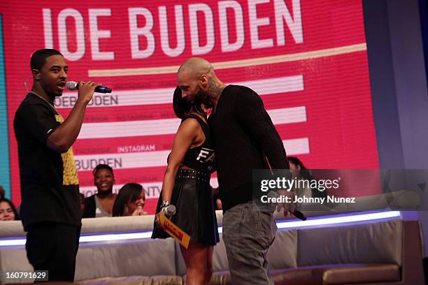 Joe Budden visits BET's "106 & Park" with hosts Shorty Da Prince and Ms. Mykie at BET Studios on February 5, 2013 in New York City.